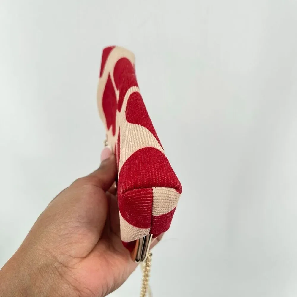 Heart Print Kiss Lock Clutch Crossbody Bag Red Cream Gold Chain Canvas Romantic